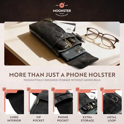 Moonster Leather Phone Holster – Genuine Full-Grain Leather for iPhone 17/16/15/14 Pro Max & Plus, Galaxy S25/S24 Ultra – Belt Clip Style for Men with Magnetic Closure, Fits Thick Cases – 7” x 3.5” - color: Black