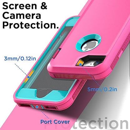 AICase for iPhone SE Case 3rd & 2nd Generation, for iPhone SE 2022/2020 Built-in Screen Protector Heavy Duty Protective Shockproof 3-Layer Full Body Rugged Phone Cover, Pink/Aqua Blue - color: Pink/aqua blue
