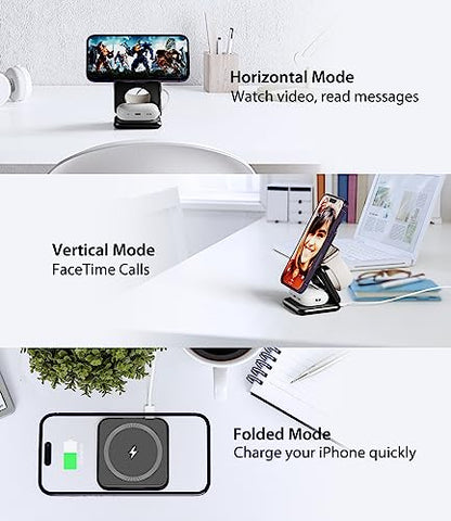 KU XIU Foldable 3-in-1 Magnetic Wireless Charging Station for Apple Devices - color: Black