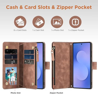 for Samsung Galaxy S25-FE-Wallet Case: with RFID Blocking Card Slots (6 Cards) | Soft PU Leather Magnetic Snap Zipper Pocket | Crossbody Wrist Strap Protective Phone Cover - Brown - color: A Brown, size: Galaxy S25 FE（6.7‘’）