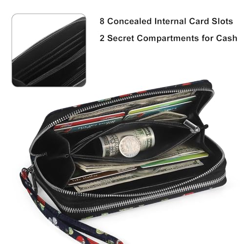 RFID Blocking Cellphone Wallet for Women with Wrist Strap, Double Zipper Travel Clutch Purse Large Capacity, Cherry - color: Cherry