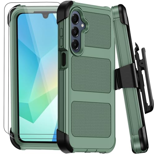 for Samsung Galaxy A16 5G Case with Belt Clip Holster & Kickstand,Military Grade Drop Tested Shockproof Heavy Duty Rugged Cover,w/2X Screen Protectors Defender Bumper Protective Cases (Dark Green) - color: Dark Green