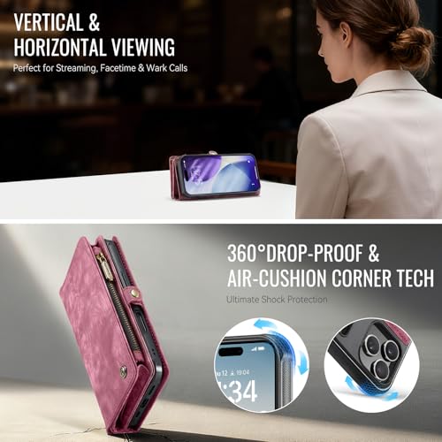 Compatible with iPhone 17 Pro Wallet Case with Magsafe,Red | Magnetic Detachable Case,Card Holder,Zipper Pocket,Strap Wristlet, Soft Leather Drop-Proof Phone Case for iPhone 17 Pro 6.3" - color: (Detachable and Magsafe)-Red, size: iPhone 17 Pro 6.3 Inch