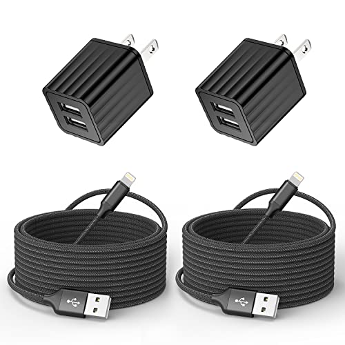iPhone Charger 10ft,Fast iPhone Block Dual 2Port USB Wall Charge Block Plug - color: Black 2Pack 10FT