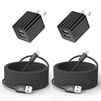 iPhone Charger 10ft,Fast iPhone Block Dual 2Port USB Wall Charge Block Plug - color: Black 2Pack 10FT