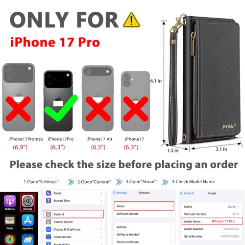 for iPhone 17 Pro Wallet Case, Detachable Magnetic Phone Case,Faux Leather Strap Wallet,with RFID Blocking，Zipper Card Holder，Shoulder Straps (Black) - color: Black, size: iPhone 17 Pro
