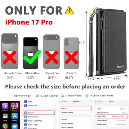 for iPhone 17 Pro Wallet Case, Detachable Magnetic Phone Case,Faux Leather Strap Wallet,with RFID Blocking，Zipper Card Holder，Shoulder Straps (Black) - color: Black, size: iPhone 17 Pro