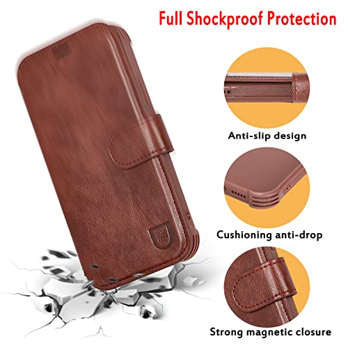 VANAVAGY Wallet Case for iPhone 11 6.1 inch, Brown | 12ft Drop-proof Cover for Women Men, Silm PU Leather, RFID Blocking Card Holder, Wrist Strap, Screen Protector - color: Brown