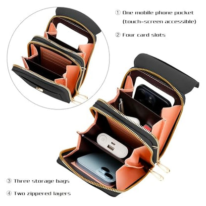 2-Piece Touchscreen Phone Crossbody Bag, Faux Leather Mini Purse with Detachable Coin Pouch - color: Black