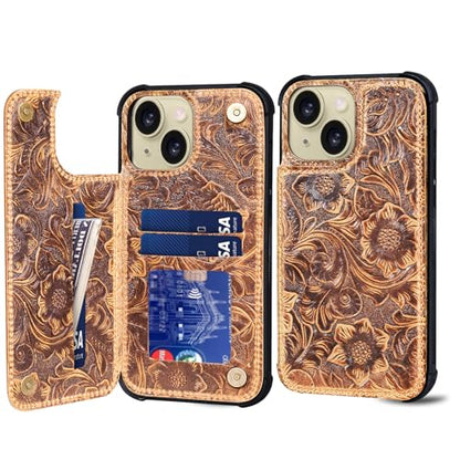 Wallet Real Leather Case Compatible with iPhone 15 6.1" Brown | Genuine Leather,Shockproof,Anti-Fall Case,Flip Cover,with Card Slot,Double Magnetic Buckle,Kickstand,RFID Blocking Brown - color: Brown, size: 6.1"-15