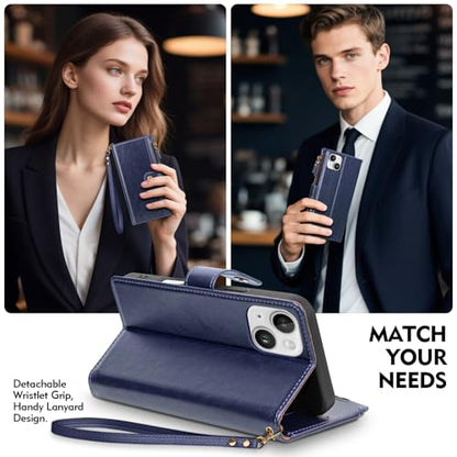 Compatible with iPhone 13 Wallet Case with Card Holder RFID Blocking Zipper Poket PU Leather Flip Phone Case with Wrist Strap Credit Card Slots Men Women,for Apple 13 6.1",Blue - color: Blue, size: iPhone 13 - 6.1"