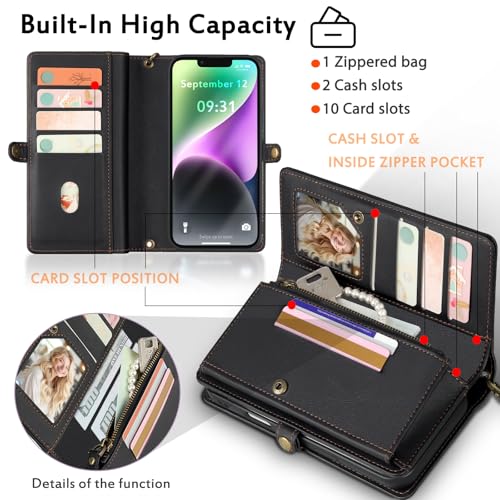 for Wallet Case Compatible with iPhone 15,Multi-Function Detachable 2 in 1 Magnetic iPhone 15 Wallet,Flip Strap Zipper Card Holder Phone Case with Shoulder Straps (Black) - color: Black, size: iPhone 15