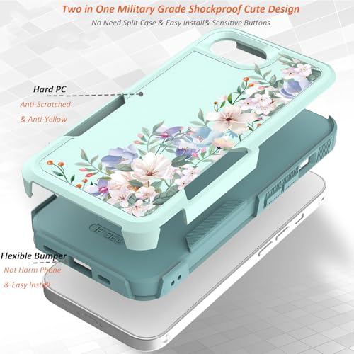 for iPhone 17e Case & iPhone 16e Case: Cute Flowers Floral Design for Girls Women Military Grade Drop Protection TPU Bumper Shockproof Silicone Phone Cover (Mint Green/Magnolia) - color: Mint Green/Magnolia