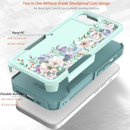 for iPhone 17e Case & iPhone 16e Case: Cute Flowers Floral Design for Girls Women Military Grade Drop Protection TPU Bumper Shockproof Silicone Phone Cover (Mint Green/Magnolia) - color: Mint Green/Magnolia