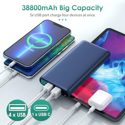 Portable Charger 38800mAh Power Bank with 5 Outputs & 2 Inputs,PD USB C In&Out Fast Phone Charging External Battery Pack Backup,Travel Essential Outdoor for iPhone 18/17/16,Android Samsung Galaxy-Navy - color: B-Navy