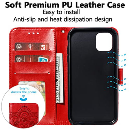 EYZUTAK Case for iPhone 13 Pro, Premium PU Leather Magnetic Flip Wallet Case with Card Holder Cash Slot Lanyard Strap Kickstand Function Embossed Mandala Flower Pattern Shockproof Cover - Red - color: Red, size: iPhone 13 Pro