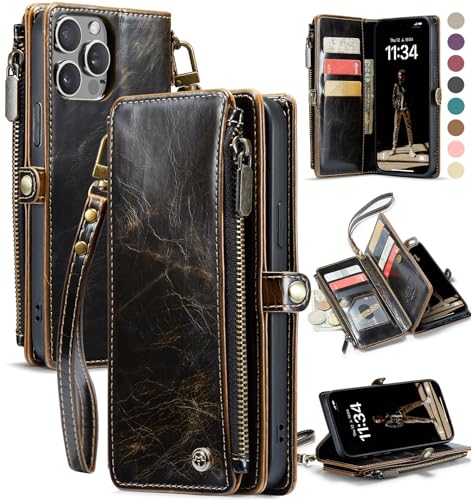 Defencase for iPhone 14 Pro Max Wallet Case with RFID Card Holder, Coffee | Durable Soft PU Leather, with Zipper Pocket, Wrist Strap, Fashion Snap Flip Phone Cases Cover with Stand for Women and Men - color: Coffee