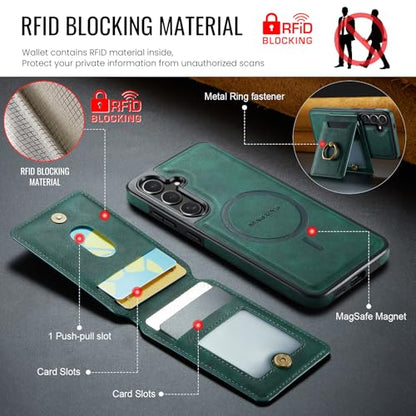 for Samsung Galaxy S26 2 in 1 Detachable Card Bag Wallet Case Durable Leather Wallets Magnetic Card Holder 4 Card Slots Ring Stand RFID Blocking Green - color: Green, size: Samsung Galaxy S26