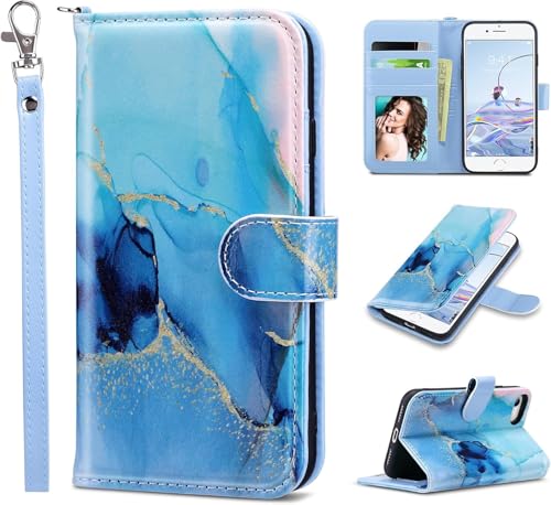 ULAK for iPhone SE 3(2022)/SE(2020)/8/7 Wallet Case Card Holder, Marble | Premium PU Leather Flip Case with Kickstand Card Slots,RFID Blocking,Wrist Strap, Durable Shockproof Cover 4.7 Inch - color: Marble Abstract