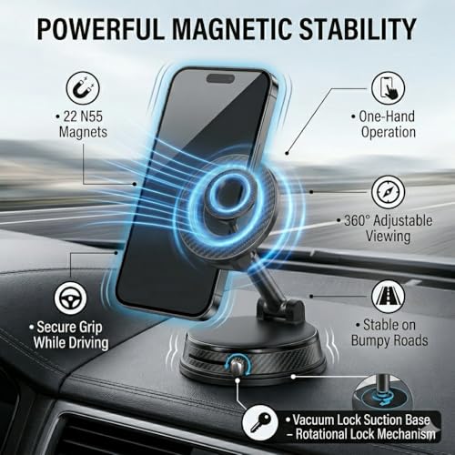 Magnetic Car Phone Holder for MagSafe, Vacuum Suction Mount, 360° Adjustable Dashboard & Windshield Mount, Strong N52 Magnetic Phone Holder for iPhone 17/16/15/14, Samsung Galaxy, Metal Ring Included