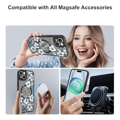 Magnetic for iPhone 15 Plus Case,White Flower | [Compatible with MagSafe] Cute Fashion Translucent Matte Hard Back Shockproof Anti-Scratch Phone Case,Ink Flower - color: Ink Flower, size: iPhone 15 Plus