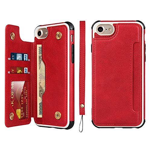 iCoverCase Compatible with iPhone SE(2022)/SE(2020)/7/8/6/6s Wallet Case with Card Slots Holder and Wrist Strap Premium PU Leather Kickstand Magnetic Clasp Shockproof Flip Cover Case (Red) - color: Red