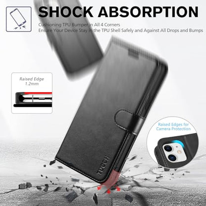 TUCCH Wallet Case for iPhone 11 (6.1") 2019, 3 Card Holders, Black | RFID Blocking, Viewing Stand, Shockproof TPU Shell, PU Leather, Magnetic Closure, Protective Folio Flip Cover - color: Black