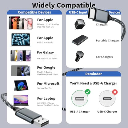 10FT USB to UAB C Cable,3Pack USB A to USB C 10FT Fast Charging Braided Cable for iPhone 17/16/15,Car Carplay Cable Upgraded Extra Durable USB to USB C Cord for iPhone 17 16 15,Galaxy S26/S25 and more
