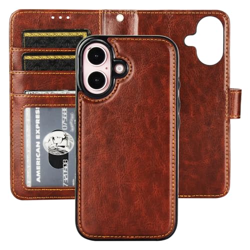 Bocasal Detachable Wallet Case Card Holder for iPhone 16, Brown | RFID Blocking Kickstand Card Slots Holder PU Leather Magnetic Shockproof Wrist Strap Removable Flip Protective Cover 6.1 inch - color: Brown