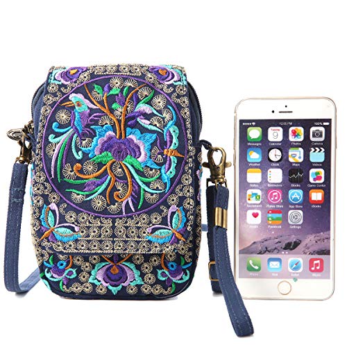 SILKAREA Embroidered Cute Mini Crossbody Bag for Women Small Handbags Wristlet Wallet Bag Cell-phone Pouch Coin Purse - color: Blue + Flower-small