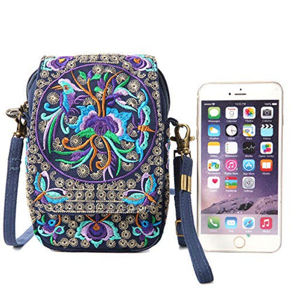 SILKAREA Embroidered Cute Mini Crossbody Bag for Women Small Handbags Wristlet Wallet Bag Cell-phone Pouch Coin Purse - color: Blue + Flower-small