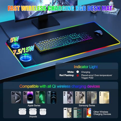 Wireless Charging RGB Mouse Pad with Phone Stand, Large Gaming Desk Mat - color: Black - 31.5x15.8" Phone Stand with PD Adapter