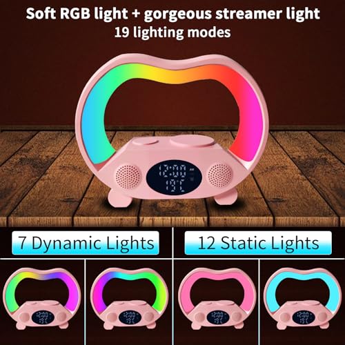 6-in-1 Wireless Charging Station with Bluetooth Speaker, RGB Ambient Light, Smart Display Clock & Thermometer, and Remote Control for Remote Operation of All Functions, ZS932 Pink. - color: Multifunctional Alarm Clock Zs932 Pink