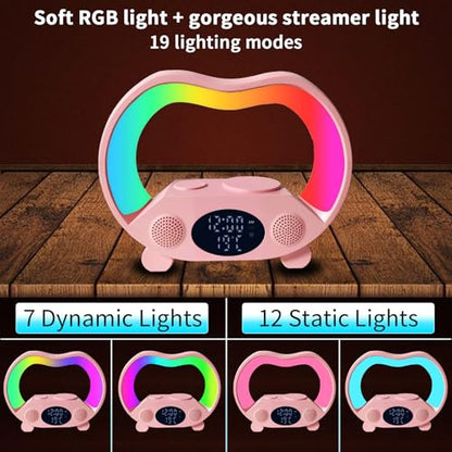 6-in-1 Wireless Charging Station with Bluetooth Speaker, RGB Ambient Light, Smart Display Clock & Thermometer, and Remote Control for Remote Operation of All Functions, ZS932 Pink. - color: Multifunctional Alarm Clock Zs932 Pink