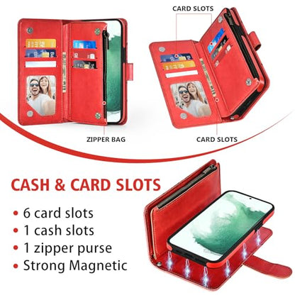 Asuwish Phone Case for Samsung Galaxy S22 5G Zipper Wallet Detachable Cell Cover with Tempered Glass Screen Protector Crossbody Lanyard Strap Flower Card Holder S 22 22S 4G G5 6.1 inch Women Girls Red - color: Red