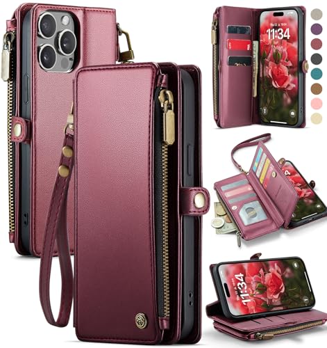 Defencase for iPhone 14 Pro Max Wallet Case with RFID Card Holder, Wine Red | Durable Soft PU Leather, with Zipper Pocket, Wrist Strap, Fashion Snap Flip Phone Cases Cover with Stand for Women and Men - color: Wine Red