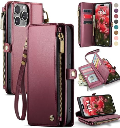 Defencase for iPhone 14 Pro Max Wallet Case with RFID Card Holder, Wine Red | Durable Soft PU Leather, with Zipper Pocket, Wrist Strap, Fashion Snap Flip Phone Cases Cover with Stand for Women and Men - color: Wine Red
