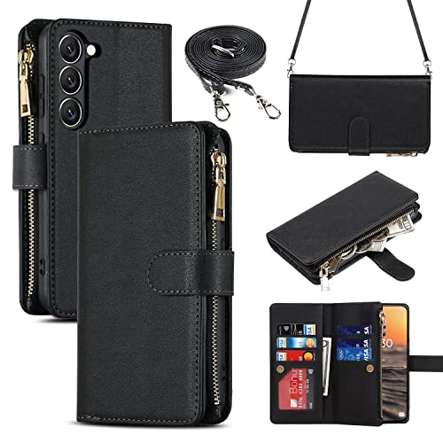 iCoverCase for Samsung Galaxy S23 Wallet Case with Card Holder, Kickstand Feature PU Leather Case with Adjustable Crossbody Lanyard Magnetic Clasp Zipper Pocket Flip Cover (Black) - color: Black, size: Galaxy S23