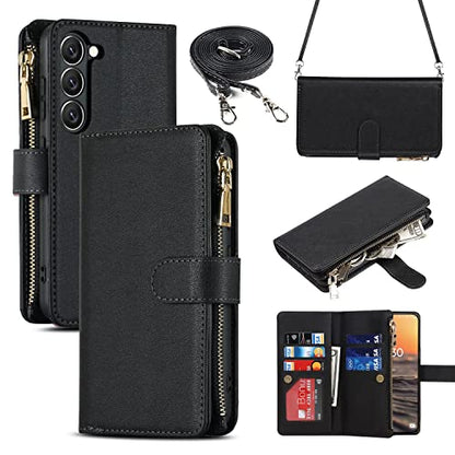 iCoverCase for Samsung Galaxy S23 Wallet Case with Card Holder, Kickstand Feature PU Leather Case with Adjustable Crossbody Lanyard Magnetic Clasp Zipper Pocket Flip Cover (Black) - color: Black, size: Galaxy S23