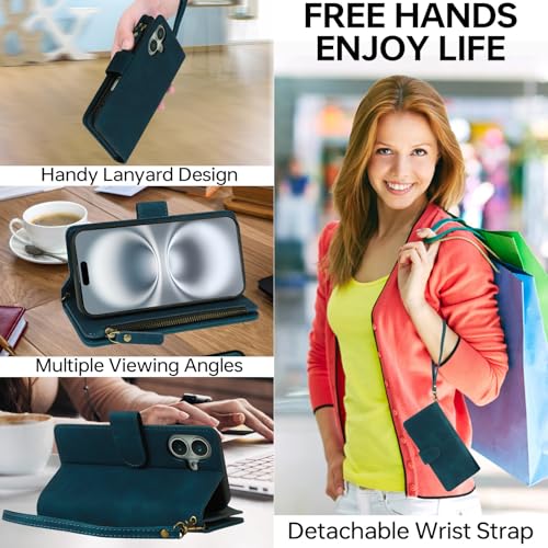 RANYOK Compatible with iPhone 16 Case Wallet - PU Leather Wallet Case for iPhone 16 with Credit Card Holder RFID Blocking Zipper Pocket with Wrist Strap Flip Folio Protective Case (Blue) - color: Blue, size: iPhone 16, 6.1"