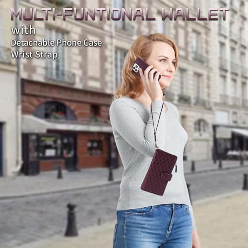 for iPhone 16e/17e Case Wallet,Compatible with MagSafe Magnetic 2 in 1 Magnetic Detachable PU Leather RFID Blocking Wallet Cover Card Holder Zipper Wrist Strap Lanyard,Quilted Wine Red - color: Quilted Wine Red
