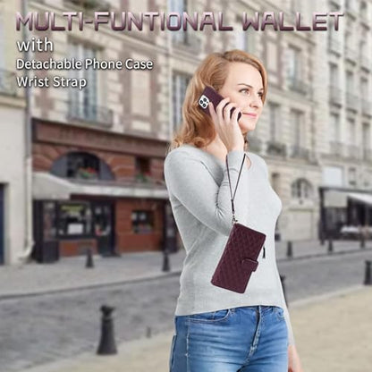 for iPhone 16e/17e Case Wallet,Compatible with MagSafe Magnetic 2 in 1 Magnetic Detachable PU Leather RFID Blocking Wallet Cover Card Holder Zipper Wrist Strap Lanyard,Quilted Wine Red - color: Quilted Wine Red