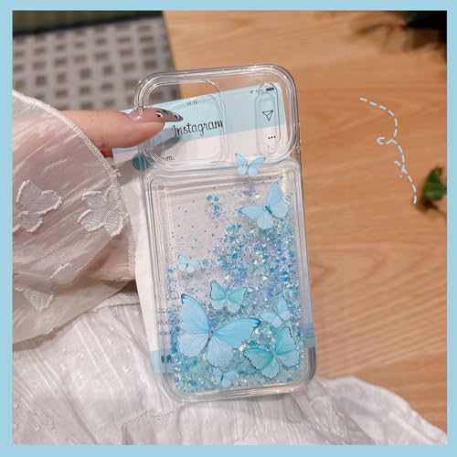 Compatible with iPhone 17 Pro Glitter Butterfly Case Glow in The Dark Women Girls Girly Bling Sparkle Flowing Quicksand Light up Soft TPU Bumper Luminous Clear Phone Cover, Pink - color: Blue, size: iPhone 17 Pro