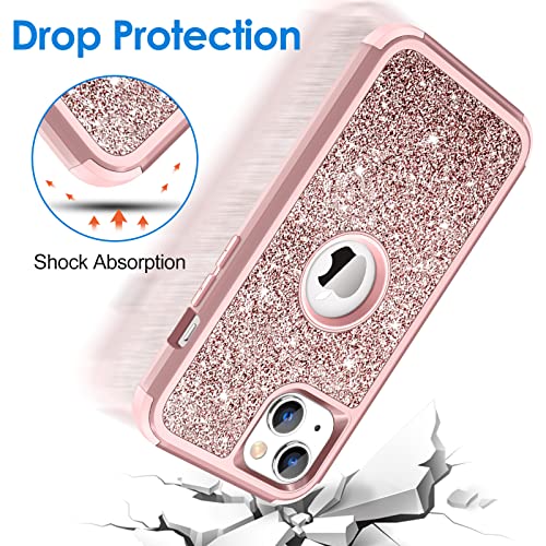 Hython Case for iPhone 13 Case Glitter, Cute Sparkly Shiny Bling Sparkle Cover, Heavy Duty 3 in 1 Hybrid Hard PC Soft TPU Bumper Full Body Shockproof Protective Phone Cases for Women Girls, Rose Gold - color: Rose Gold