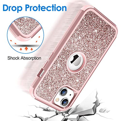 Hython Case for iPhone 13 Case Glitter, Cute Sparkly Shiny Bling Sparkle Cover, Heavy Duty 3 in 1 Hybrid Hard PC Soft TPU Bumper Full Body Shockproof Protective Phone Cases for Women Girls, Rose Gold - color: Rose Gold
