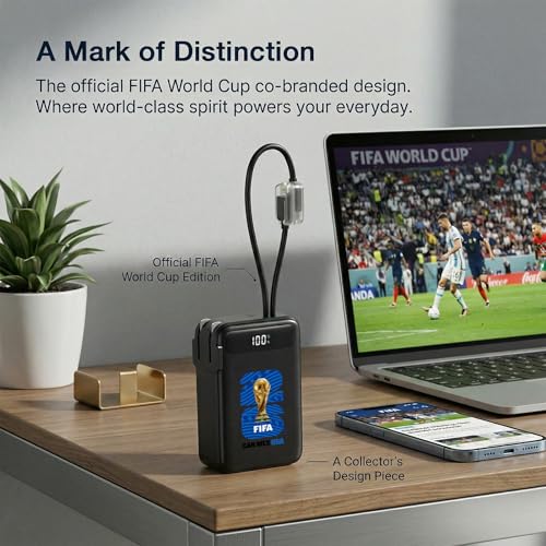 2026 FIFA Licensed Power Bank with Built-in Cable and Foldable Wall Plug, 22.5W 10000mAh Portable Charger, 3-in-1 Power Bank for iPhone 17, FIFA World Cup 2026 Official Merchandise, Blue USA Badge - color: Blue USA Badge