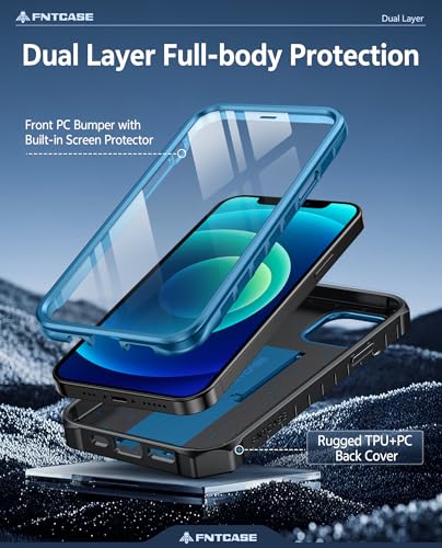 FNTCASE for iPhone 12 Case with Built-in Screen Protector and Kickstand | 20FT Military-Grade Drop Protection, Anti-Slip Matte Textured, Rugged Heavy Duty Shockproof TPU Protective Phone Cover - color: Blue