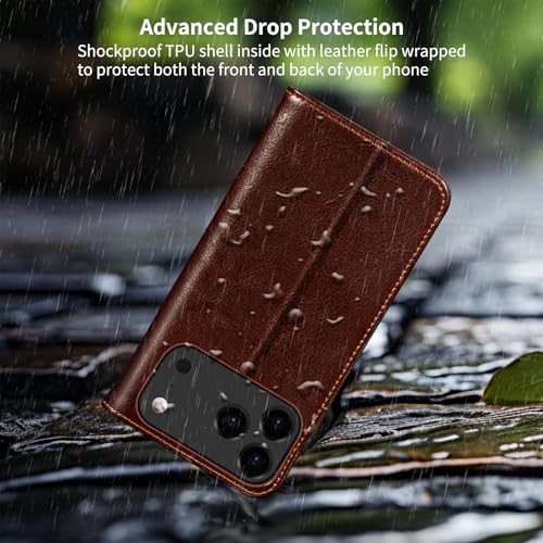 Belemay Leather Wallet Case Compatible with iPhone 17 Pro, Premium Cowhide Leather Two-Tone Effect, RFID Blocking Card Holders, Shockproof TPU Shell, Kickstand, Protective Flip Cover, 6.3", Brown - color: Brown, size: iPhone 17 Pro