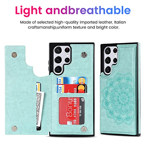 PASNEW S22 Ultra Case Wallet Card Holder,6.8 inch,Green | Card Holder, Floral Double Magnetic, PU Leather, Kickstand, Flip Cover - color: Green, size: S22Ultra【6.8"】