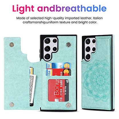 PASNEW S23 Ultra Case Wallet Card Holder,6.8",Green | Card Holder, Floral Double Magnetic, PU Leather, Kickstand, Flip Cover - color: Green, size: S23Ultra【6.8"】